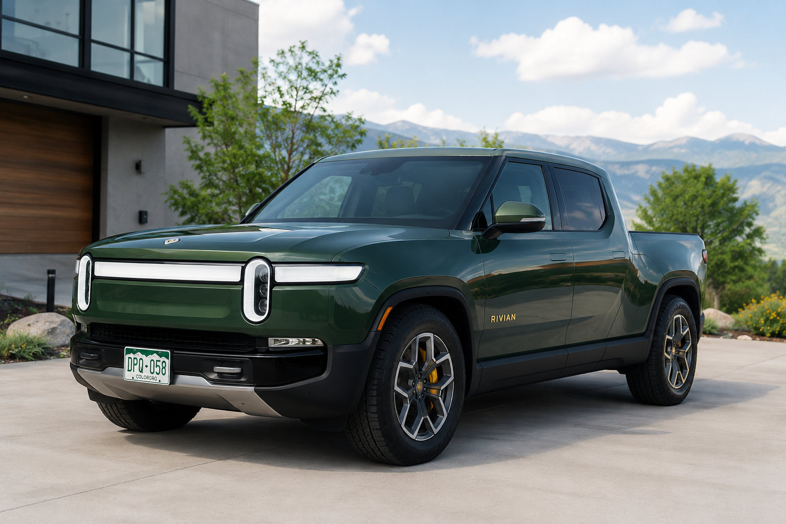 Dark green Rivian pickup truck parked in a driveway with mountains in the background