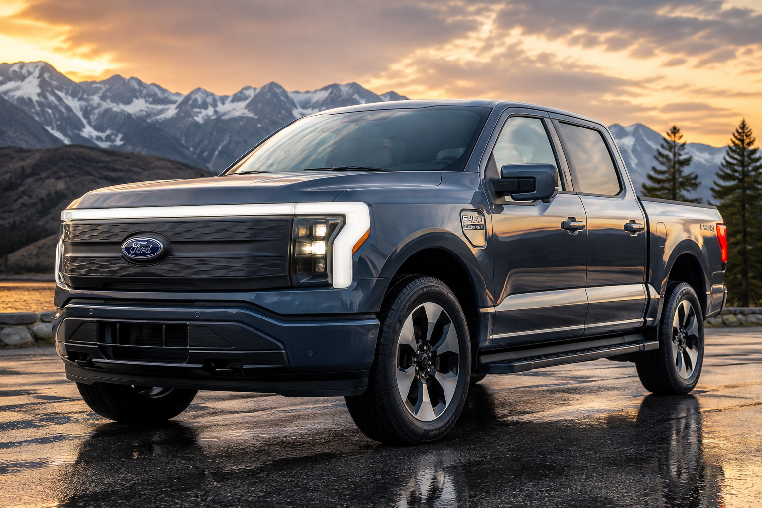 Blue Ford F-150 parked on a wet road with mountains at sunset